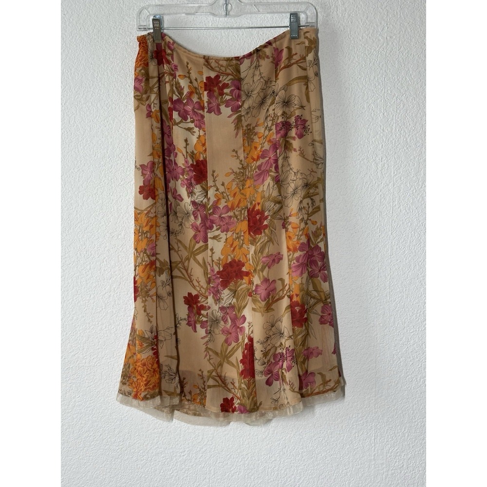 Floral‎ Chiffon Midi Skirt Sz 8 Pink Orange Whimsy Fairy Cottagecore Festival